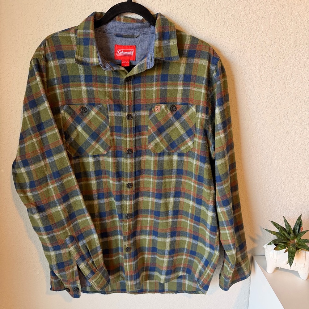Coleman Flannel Shirt Large Green Blue Plaid Button Down Outdoor